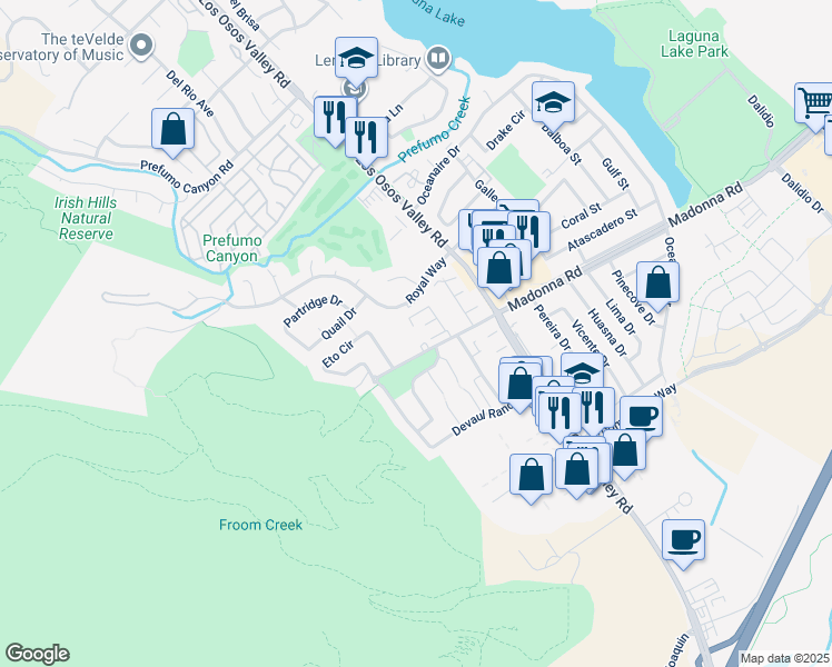 map of restaurants, bars, coffee shops, grocery stores, and more near 1550 Madonna Road in San Luis Obispo