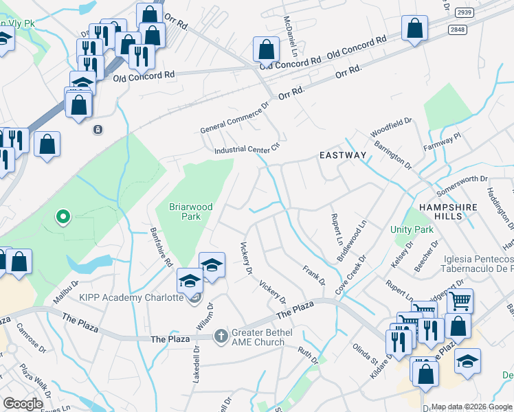 map of restaurants, bars, coffee shops, grocery stores, and more near 723 Cricketwood Lane in Charlotte