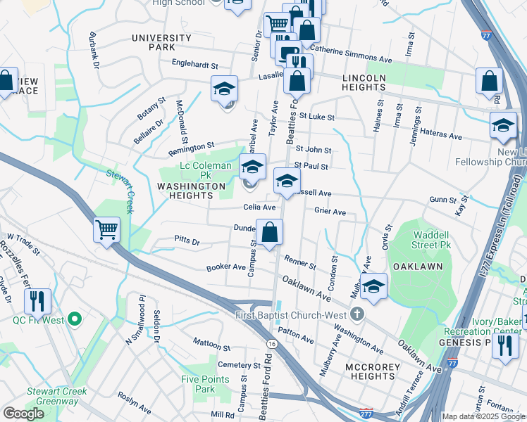 map of restaurants, bars, coffee shops, grocery stores, and more near 2305 Celia Avenue in Charlotte