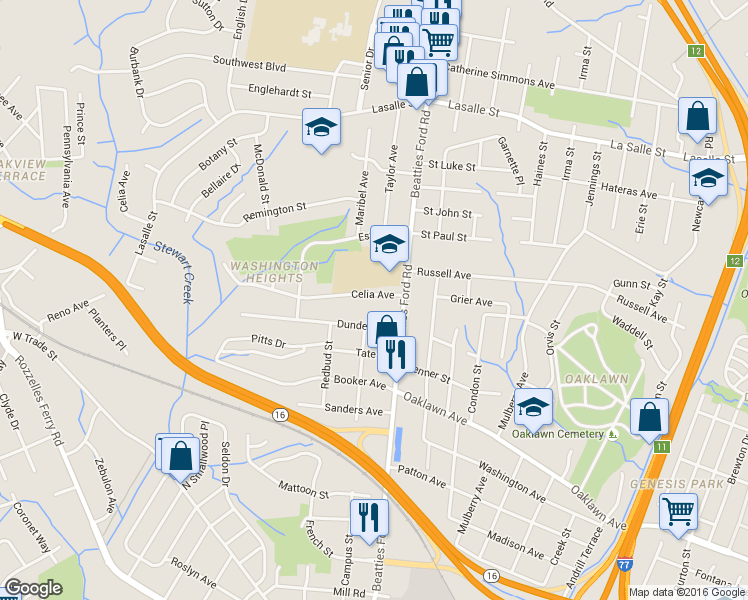 map of restaurants, bars, coffee shops, grocery stores, and more near 2305 Celia Avenue in Charlotte