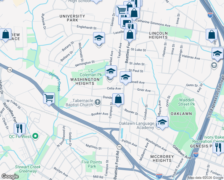 map of restaurants, bars, coffee shops, grocery stores, and more near 2305 Celia Avenue in Charlotte