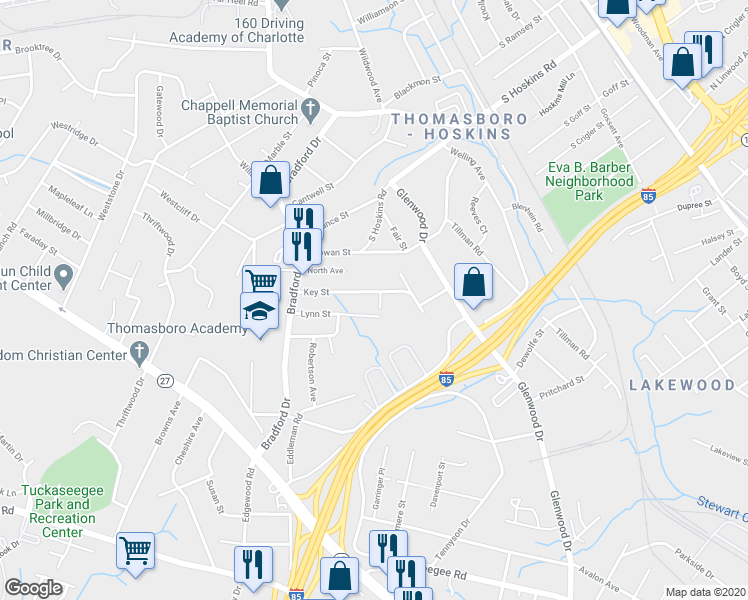 map of restaurants, bars, coffee shops, grocery stores, and more near 723 Key Street in Charlotte