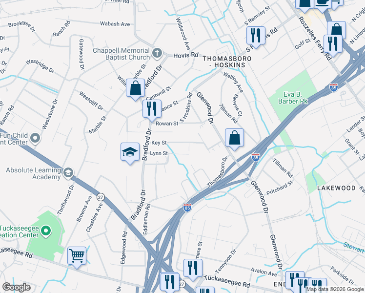 map of restaurants, bars, coffee shops, grocery stores, and more near 723 Key Street in Charlotte