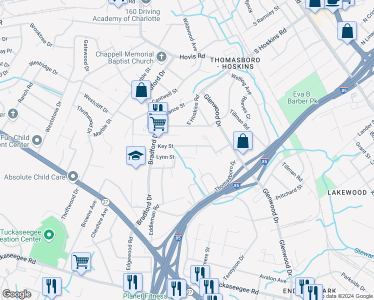 map of restaurants, bars, coffee shops, grocery stores, and more near 835 Key Street in Charlotte
