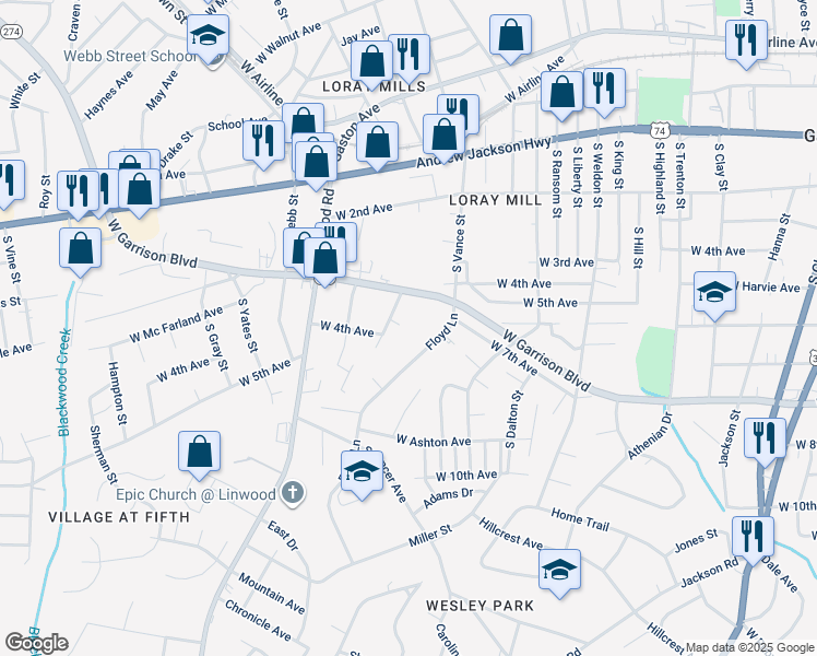 map of restaurants, bars, coffee shops, grocery stores, and more near 416 South Emerson Street in Gastonia