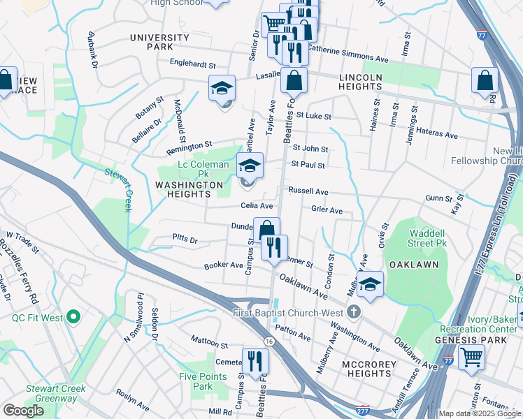 map of restaurants, bars, coffee shops, grocery stores, and more near 2305 Celia Avenue in Charlotte