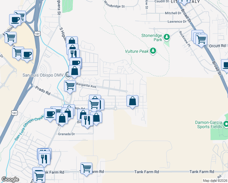 map of restaurants, bars, coffee shops, grocery stores, and more near 375 Margarita Avenue in San Luis Obispo