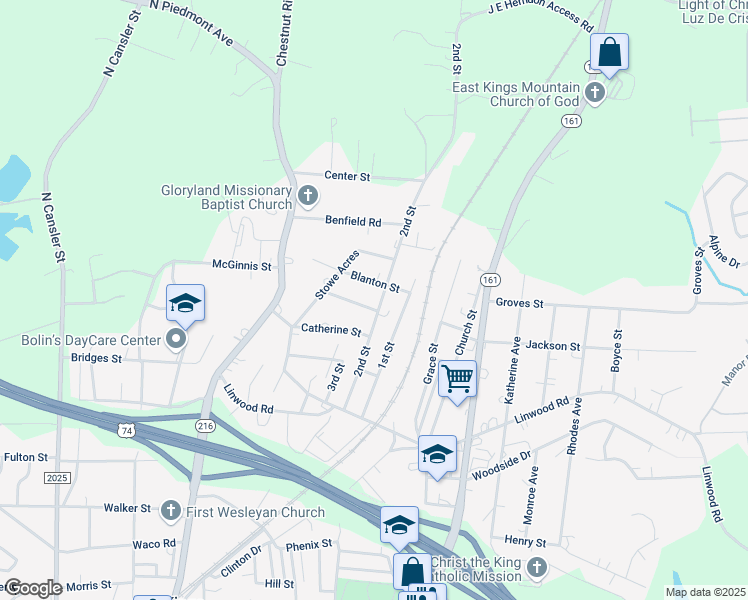 map of restaurants, bars, coffee shops, grocery stores, and more near 913 2nd Street in Kings Mountain