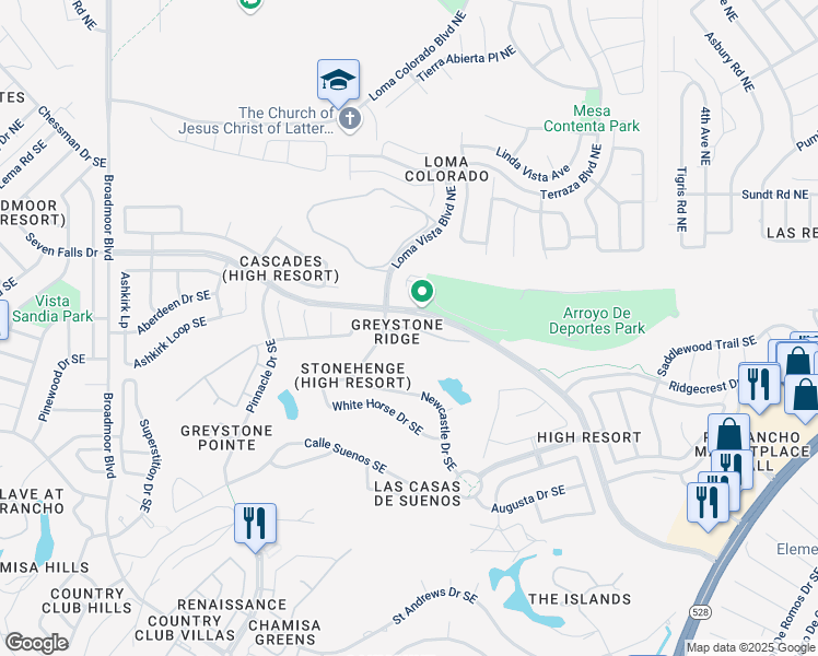 map of restaurants, bars, coffee shops, grocery stores, and more near 3629 Greystone Ridge Drive Southeast in Rio Rancho