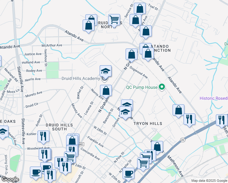 map of restaurants, bars, coffee shops, grocery stores, and more near 730 Colorado Avenue in Charlotte