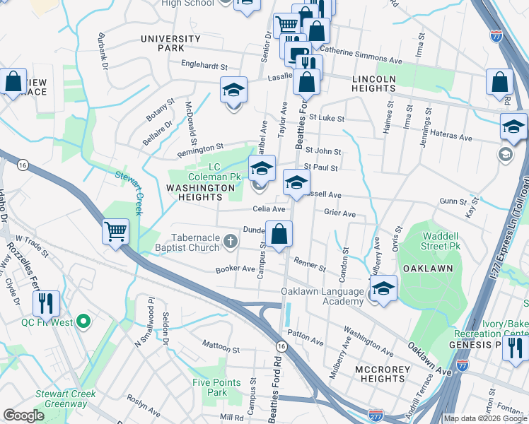 map of restaurants, bars, coffee shops, grocery stores, and more near 2305 Celia Avenue in Charlotte