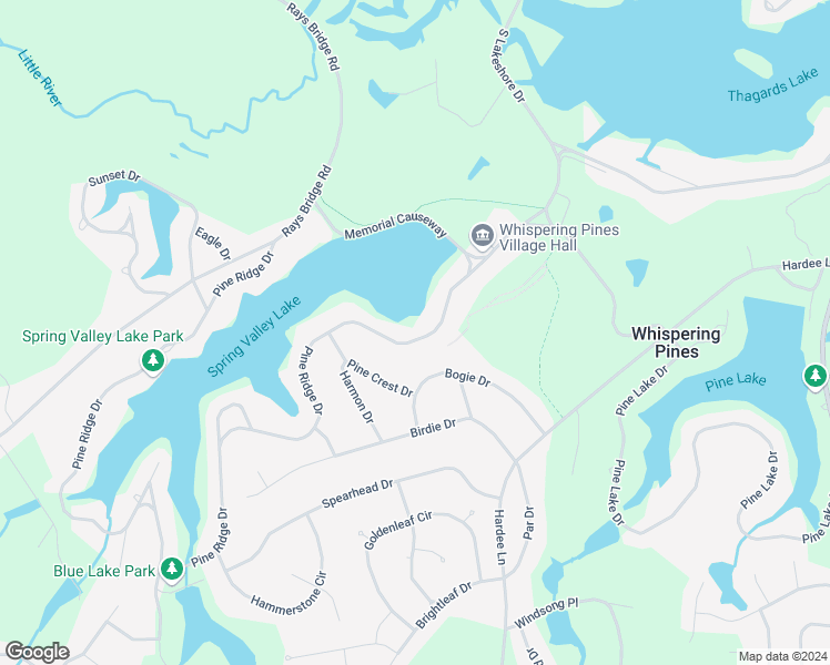 map of restaurants, bars, coffee shops, grocery stores, and more near 36 Pine Ridge Drive in Whispering Pines