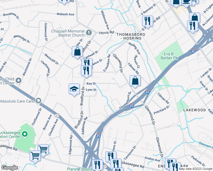 map of restaurants, bars, coffee shops, grocery stores, and more near 723 Key Street in Charlotte