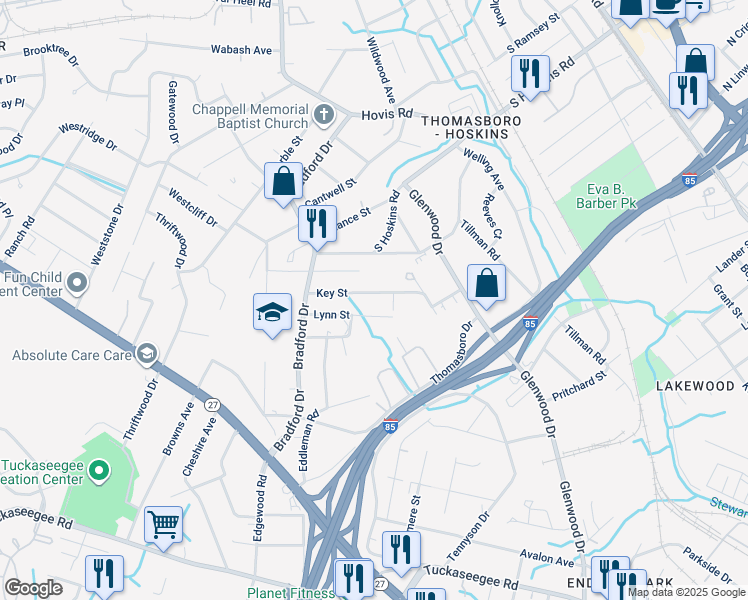 map of restaurants, bars, coffee shops, grocery stores, and more near 835 Key Street in Charlotte