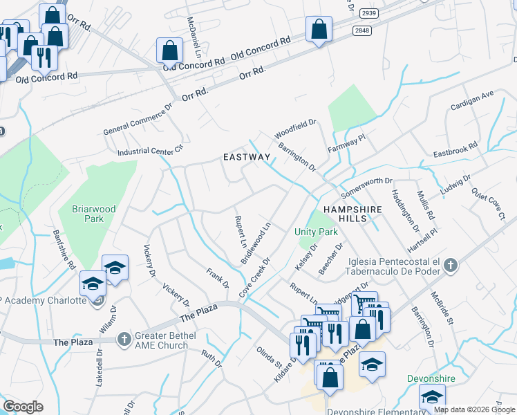 map of restaurants, bars, coffee shops, grocery stores, and more near 5400 Toano Road in Charlotte