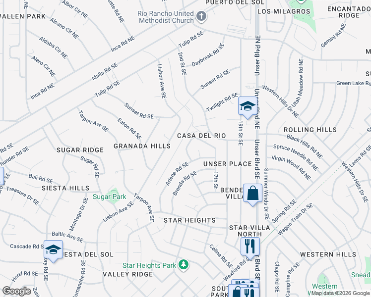 map of restaurants, bars, coffee shops, grocery stores, and more near 85 Darlene Road Southeast in Rio Rancho