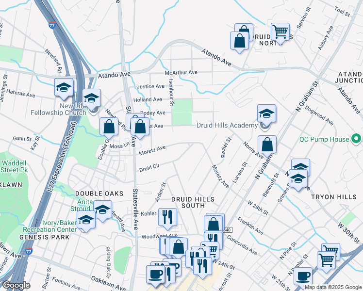 map of restaurants, bars, coffee shops, grocery stores, and more near 1317 Moretz Avenue in Charlotte