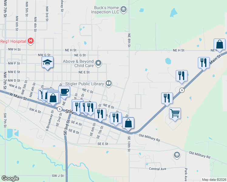 map of restaurants, bars, coffee shops, grocery stores, and more near 734-798 Northeast D Street in Stigler