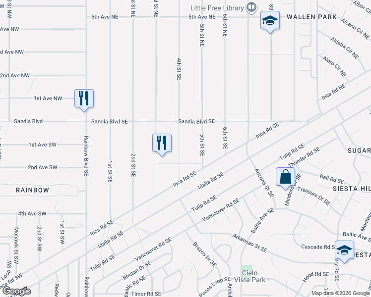 map of restaurants, bars, coffee shops, grocery stores, and more near 102 4th Street Southeast in Rio Rancho