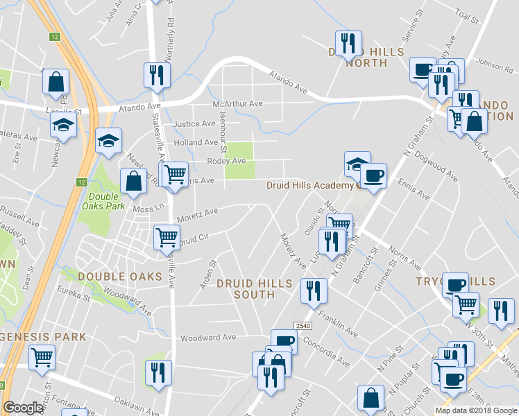 map of restaurants, bars, coffee shops, grocery stores, and more near 1231 Moretz Avenue in Charlotte
