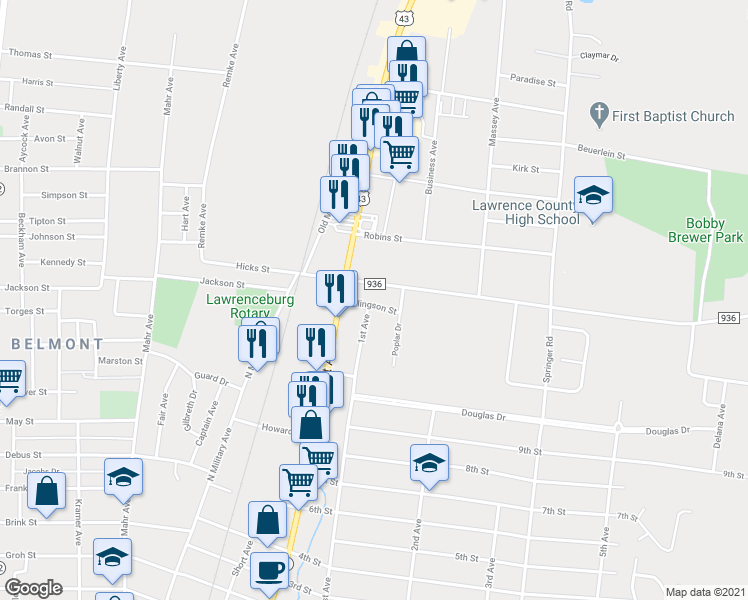 map of restaurants, bars, coffee shops, grocery stores, and more near 304 Ellingson Street in Lawrenceburg