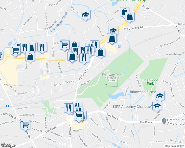 map of restaurants, bars, coffee shops, grocery stores, and more near 251 Eastway Dr in Charlotte
