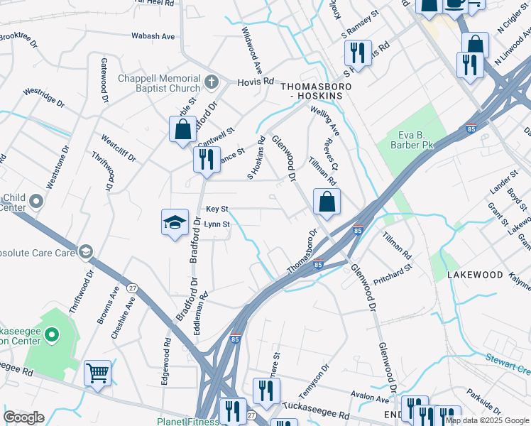 map of restaurants, bars, coffee shops, grocery stores, and more near 723 Key Street in Charlotte