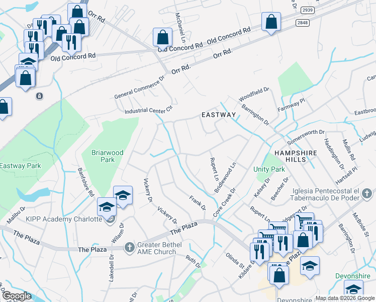 map of restaurants, bars, coffee shops, grocery stores, and more near 444 Vickery Drive in Charlotte