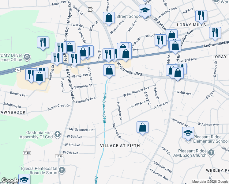 map of restaurants, bars, coffee shops, grocery stores, and more near 1919 Parkdale Avenue in Gastonia
