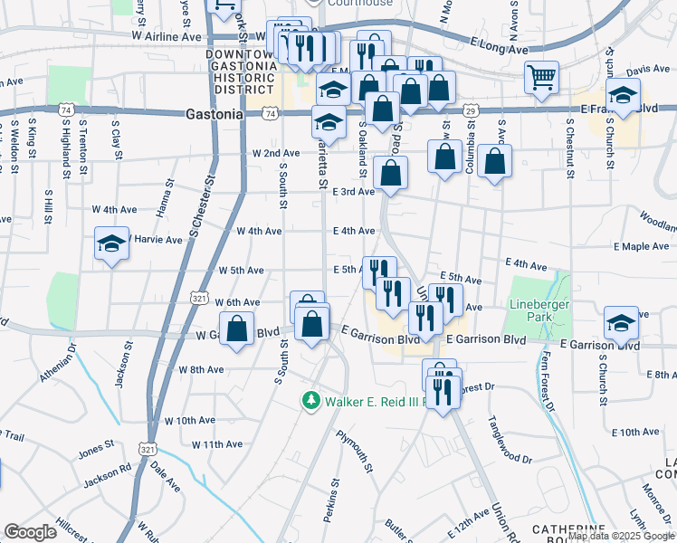 map of restaurants, bars, coffee shops, grocery stores, and more near 613 South Oakland Street in Gastonia