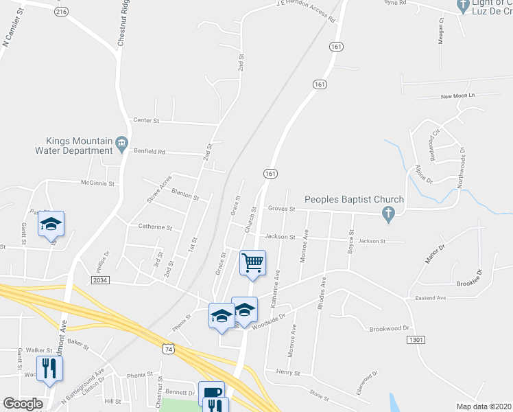 map of restaurants, bars, coffee shops, grocery stores, and more near 922 Church Street in Kings Mountain