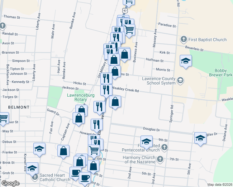 map of restaurants, bars, coffee shops, grocery stores, and more near 304 Ellingson Street in Lawrenceburg