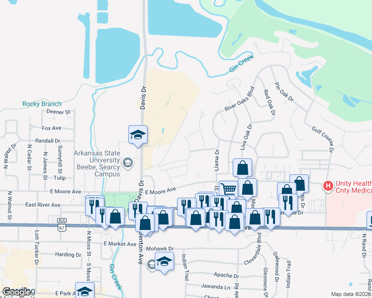 map of restaurants, bars, coffee shops, grocery stores, and more near 905 Greenwood Drive in Searcy