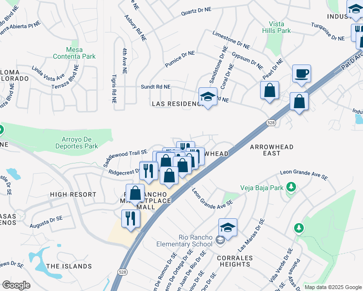 map of restaurants, bars, coffee shops, grocery stores, and more near 121 Riata Trail in Rio Rancho