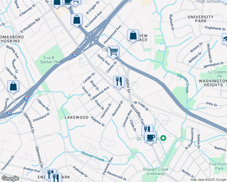 map of restaurants, bars, coffee shops, grocery stores, and more near 3241 Rozzelles Ferry Road in Charlotte