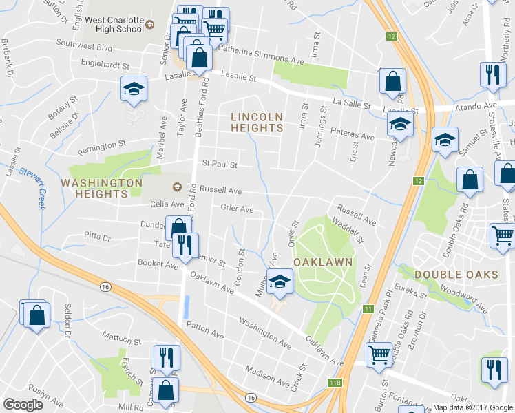 map of restaurants, bars, coffee shops, grocery stores, and more near 1904 Grier Avenue in Charlotte