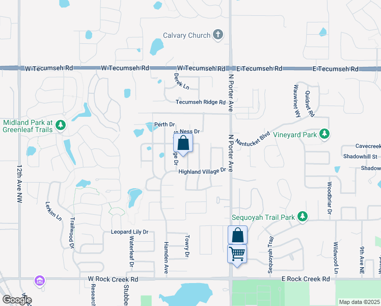 map of restaurants, bars, coffee shops, grocery stores, and more near 3101 Highland Ridge Dr in Norman