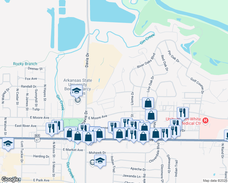 map of restaurants, bars, coffee shops, grocery stores, and more near 905 Greenwood Drive in Searcy