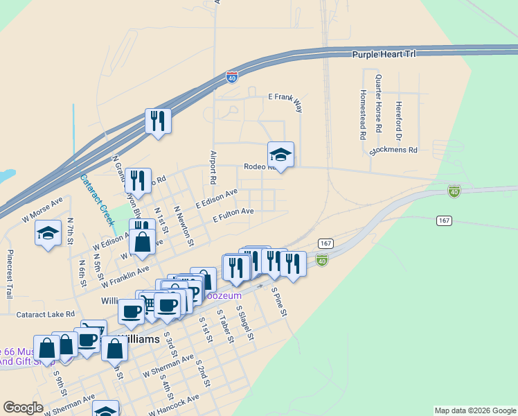 map of restaurants, bars, coffee shops, grocery stores, and more near 611 East Fulton Avenue in Williams