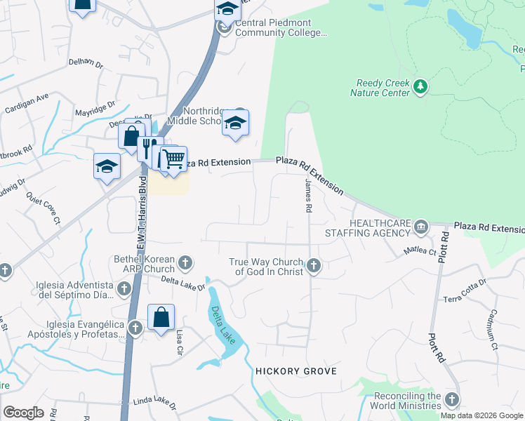 map of restaurants, bars, coffee shops, grocery stores, and more near 7716 The Plaza in Charlotte