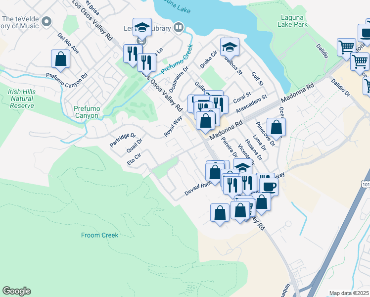 map of restaurants, bars, coffee shops, grocery stores, and more near 1480 Madonna Road in San Luis Obispo