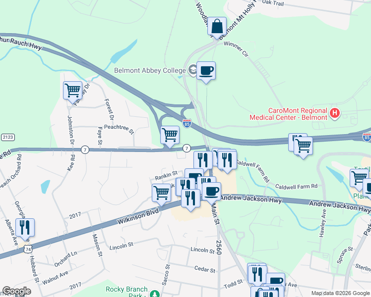 map of restaurants, bars, coffee shops, grocery stores, and more near 57-63 McAdenville Road in Belmont
