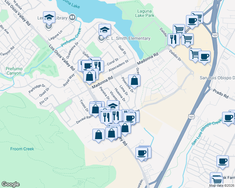 map of restaurants, bars, coffee shops, grocery stores, and more near 1807 Huasna Drive in San Luis Obispo