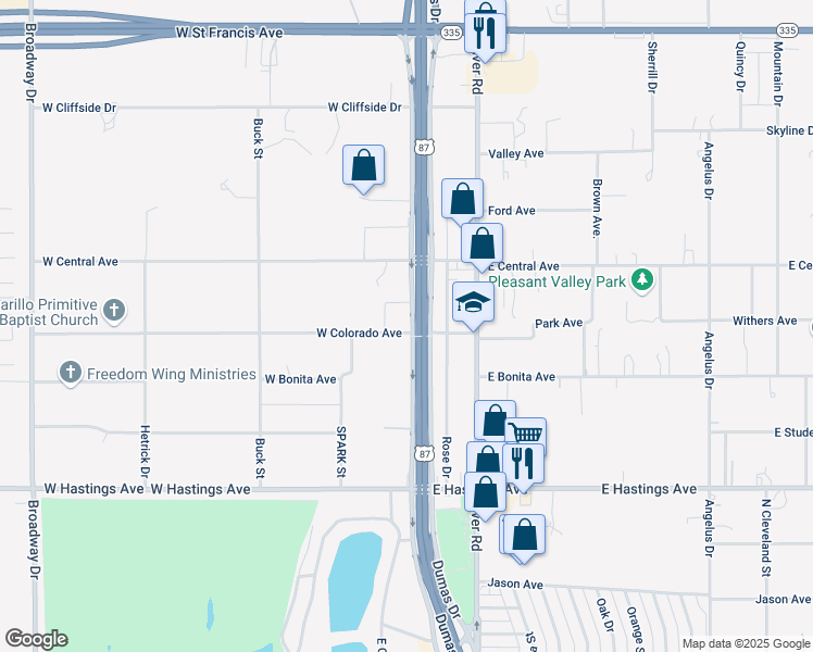 map of restaurants, bars, coffee shops, grocery stores, and more near 4611 Dumas Drive in Amarillo