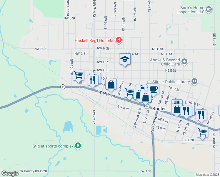 map of restaurants, bars, coffee shops, grocery stores, and more near 502 Northwest A Street in Stigler