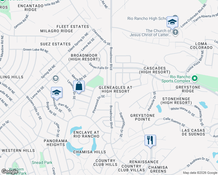 map of restaurants, bars, coffee shops, grocery stores, and more near 184 High Ridge Trail Southeast in Rio Rancho