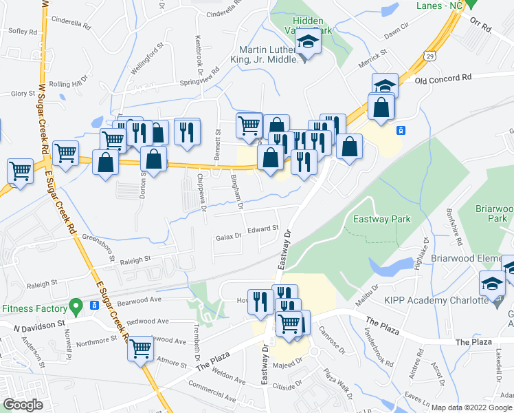 map of restaurants, bars, coffee shops, grocery stores, and more near 5039 Curtiswood Drive in Charlotte
