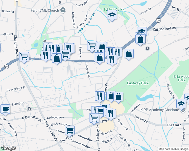 map of restaurants, bars, coffee shops, grocery stores, and more near 5039 Curtiswood Drive in Charlotte