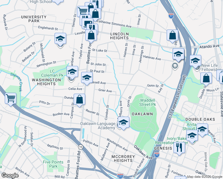 map of restaurants, bars, coffee shops, grocery stores, and more near 1904 Grier Avenue in Charlotte