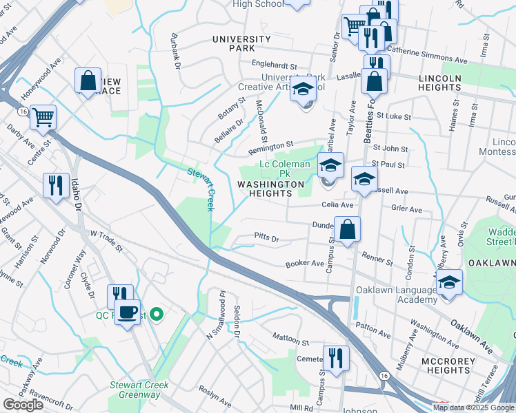map of restaurants, bars, coffee shops, grocery stores, and more near 2617 Celia Avenue in Charlotte